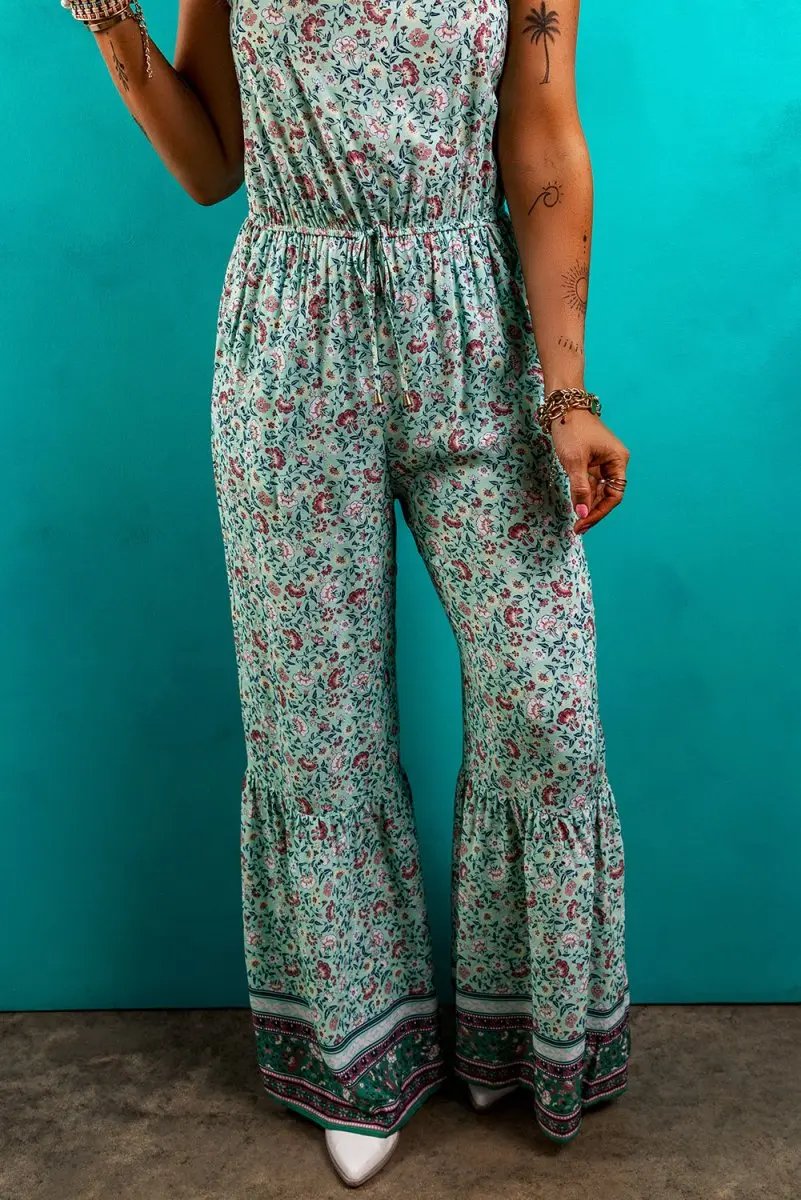 Green Bohemian Floral Ruffle Bottom Spaghetti Strap Jumpsuit - Love Salve